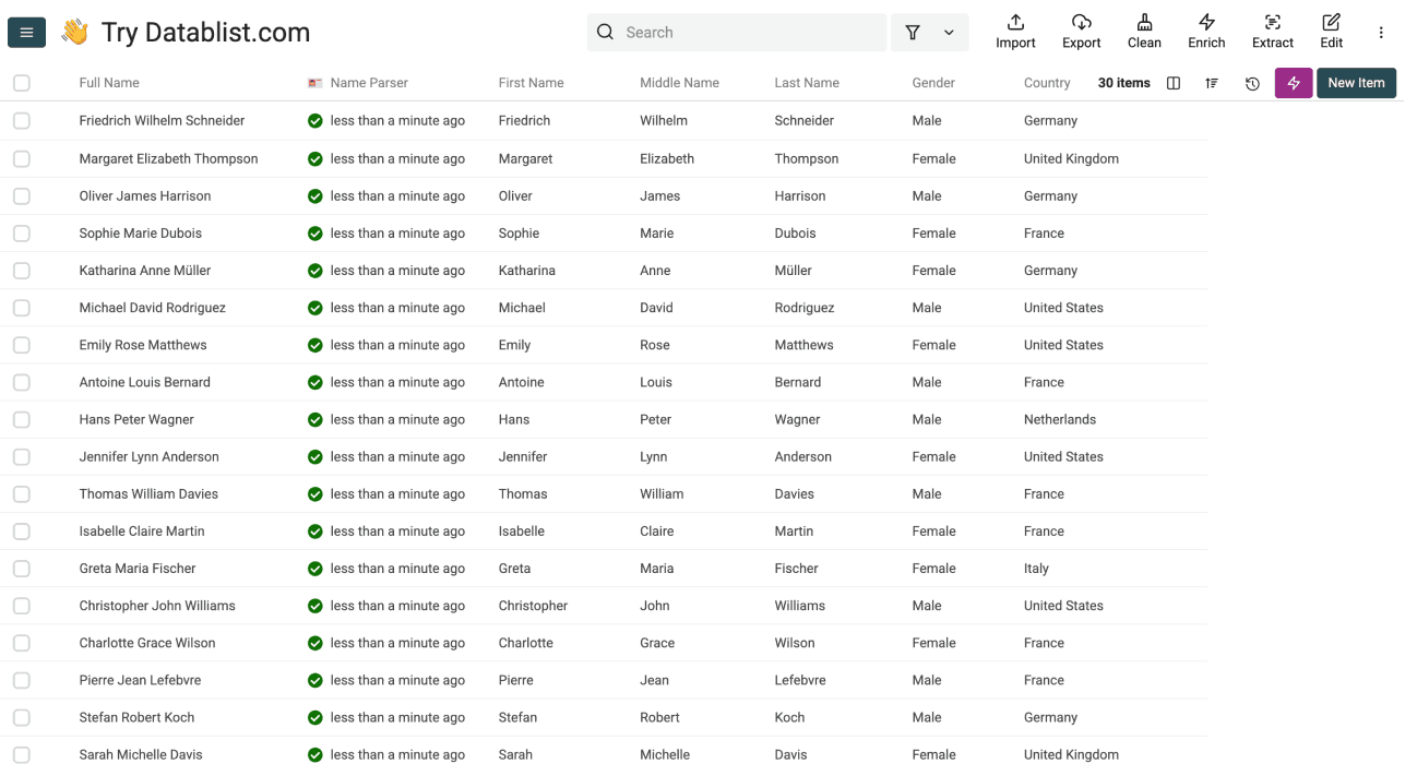 Cómo separar nombres en Excel - resultados de Datablist