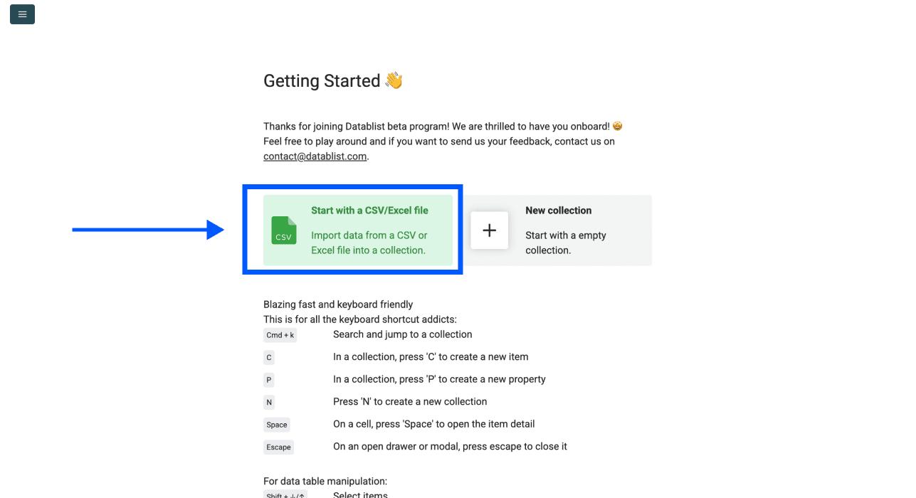 Cómo separar nombres en Excel - pantalla inicial de Datablist