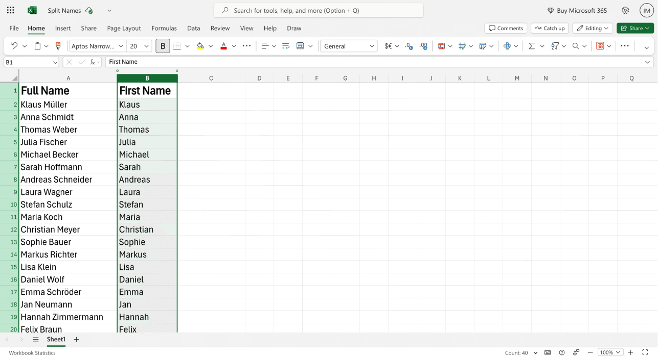 Cómo separar nombres en Excel - fórmula del nombre aplicada