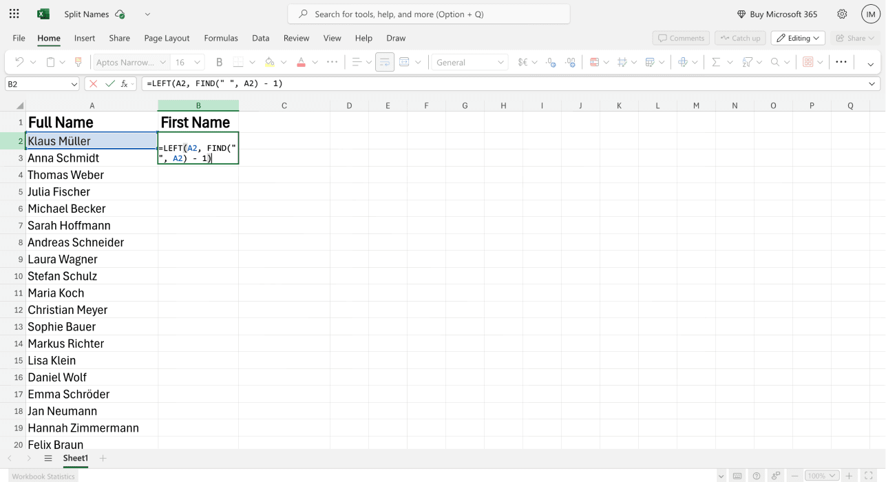 Cómo separar nombres en Excel - fórmula para el nombre