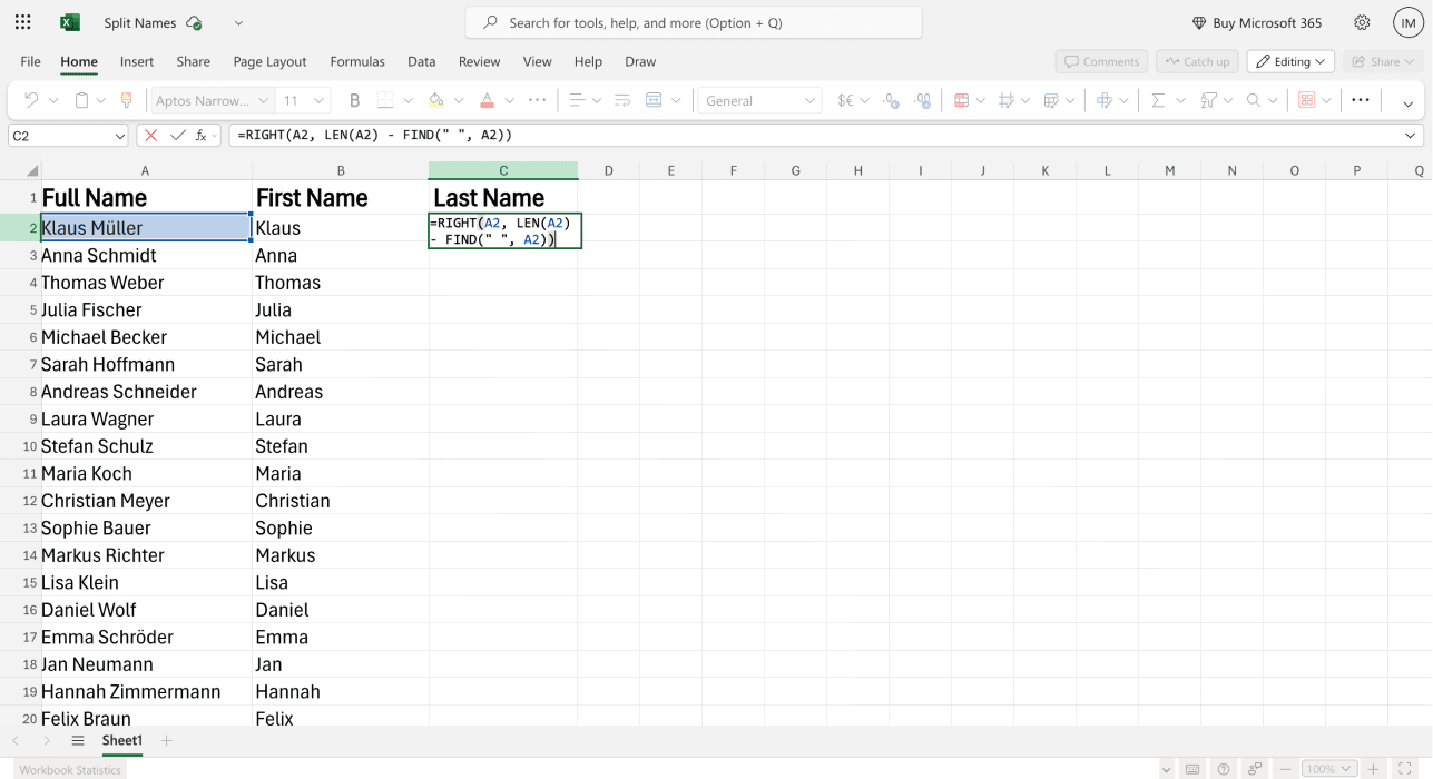 Cómo separar nombres en Excel - fórmula para el apellido