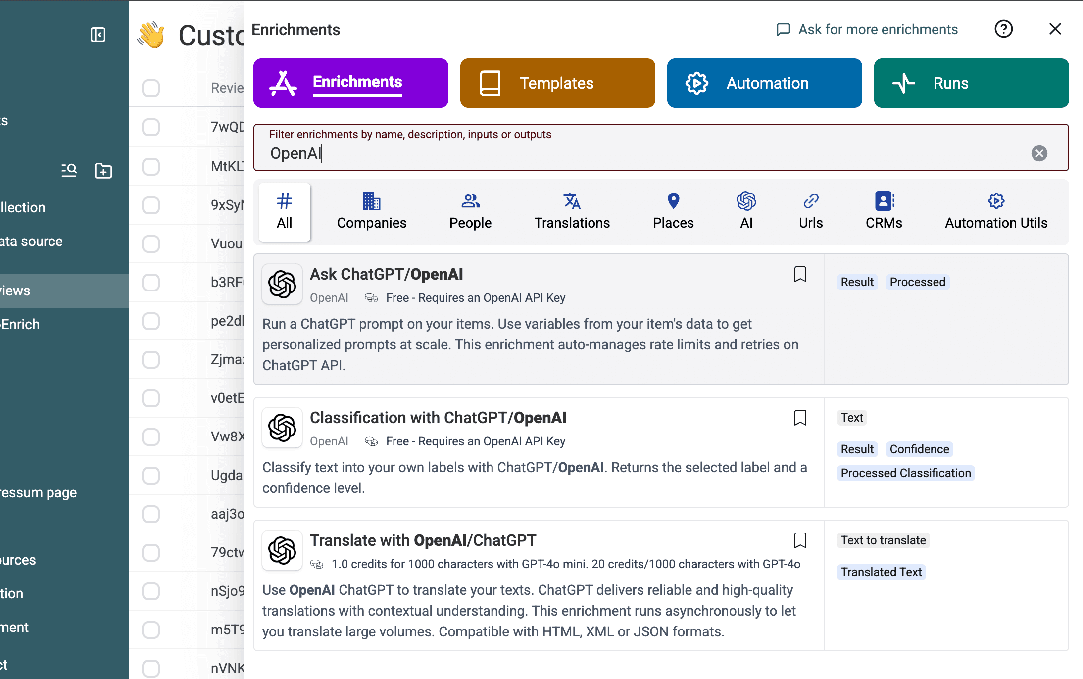 Ask ChatGPT OpenAI dans le sélecteur d’enrichissements Datablist