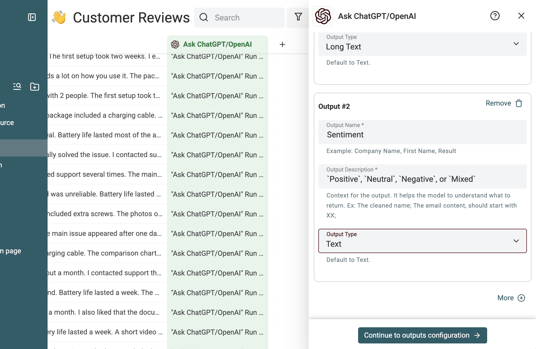 Sortie Sentiment configurée avec quatre labels autorisés