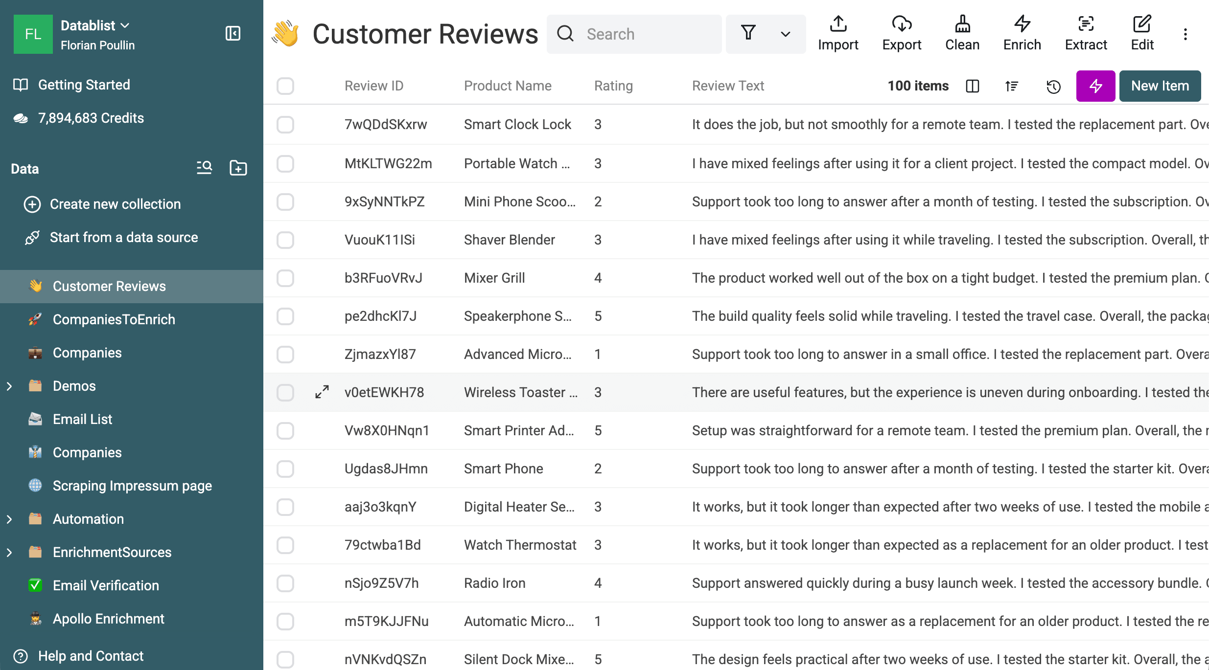 Fichier CSV d’avis clients importé dans Datablist avec les colonnes identifiant, produit, note et texte de l’avis