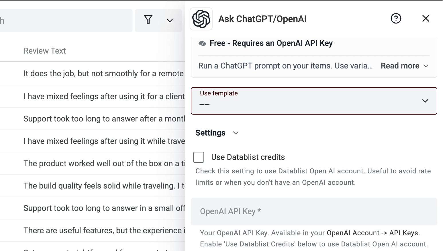 Sélecteur Use template dans Ask ChatGPT OpenAI