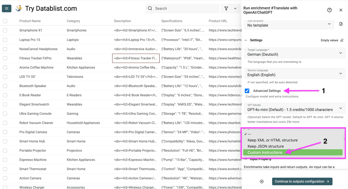 Opciones del AI translator de Datablist