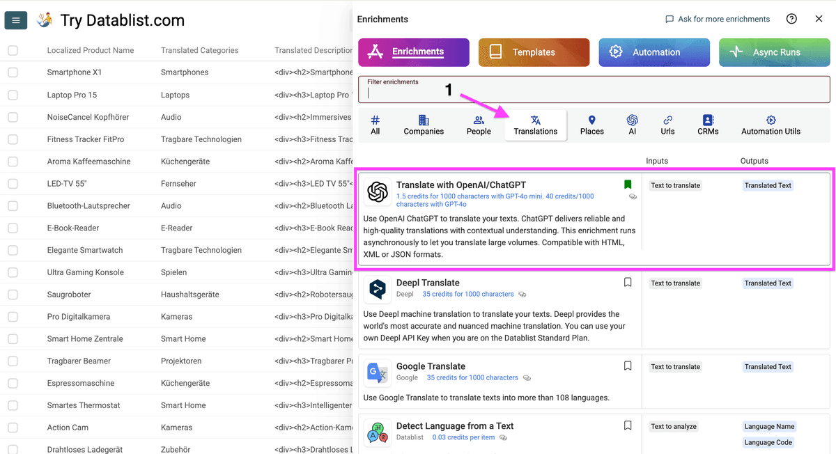 Integraciones de traducción de Datablist