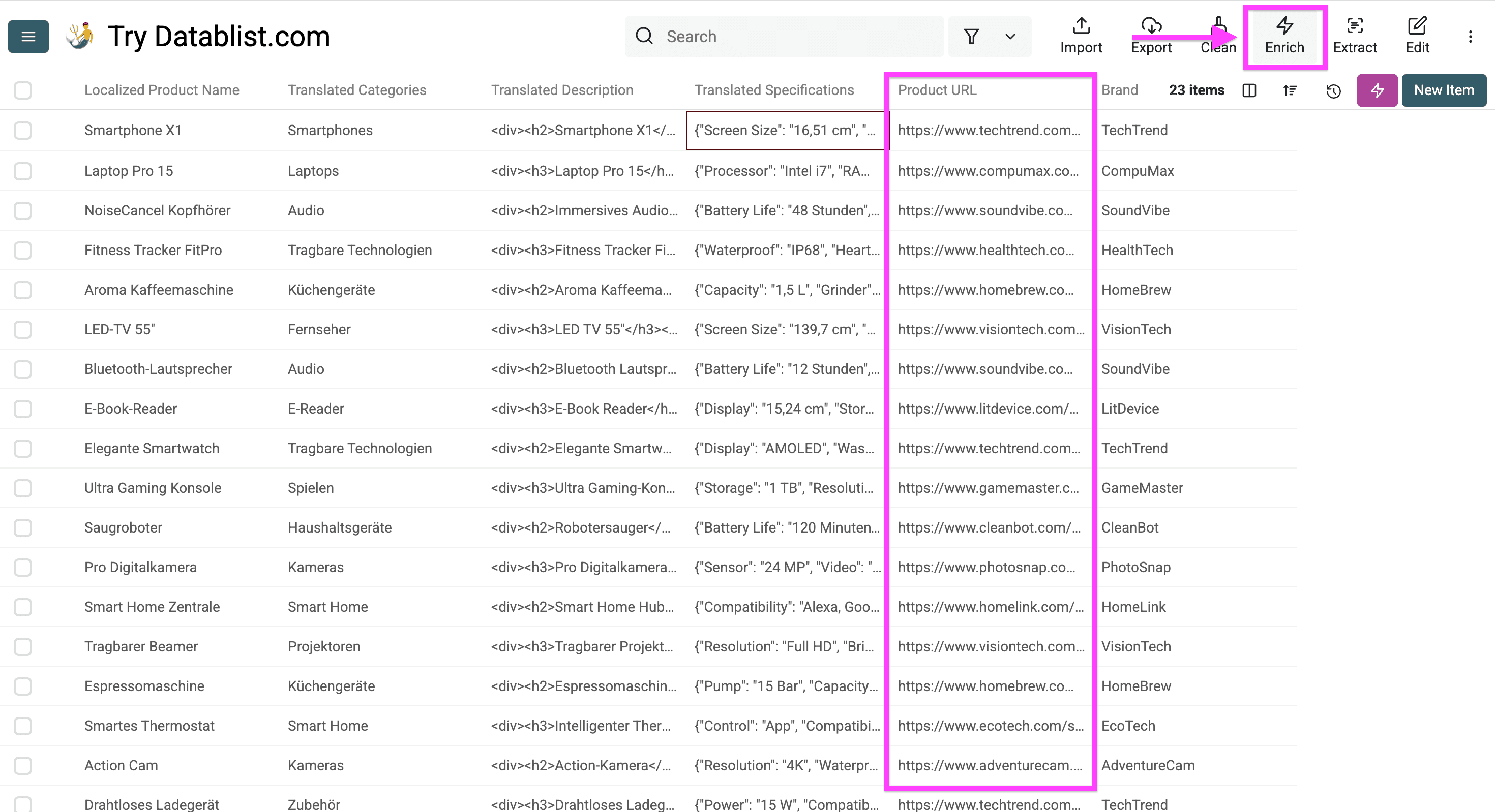 My Datablist collection to translate the product urls 