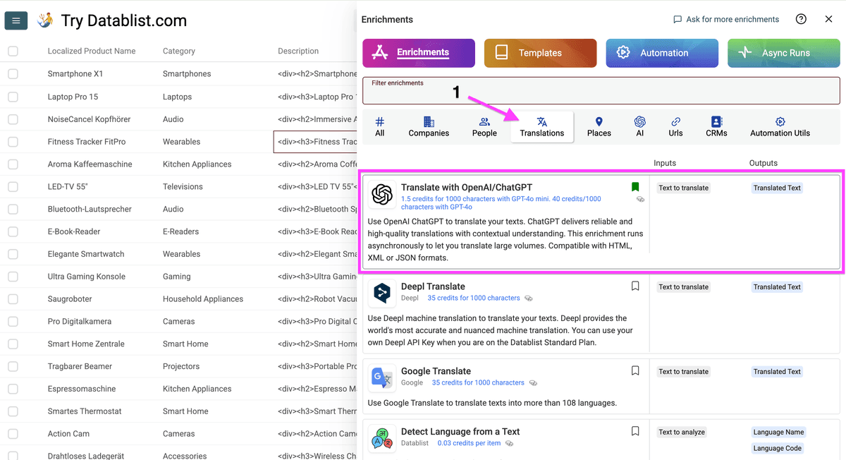 Abrir el AI translator en Datablist