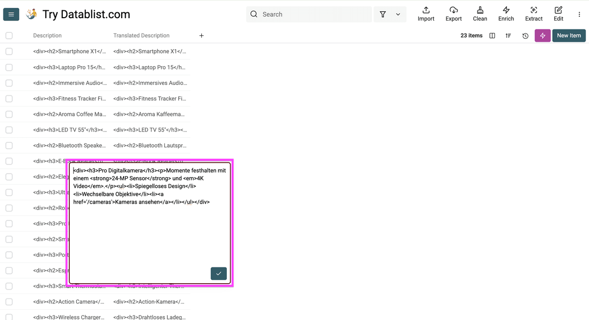Descripciones de producto traducidas con HTML correcto