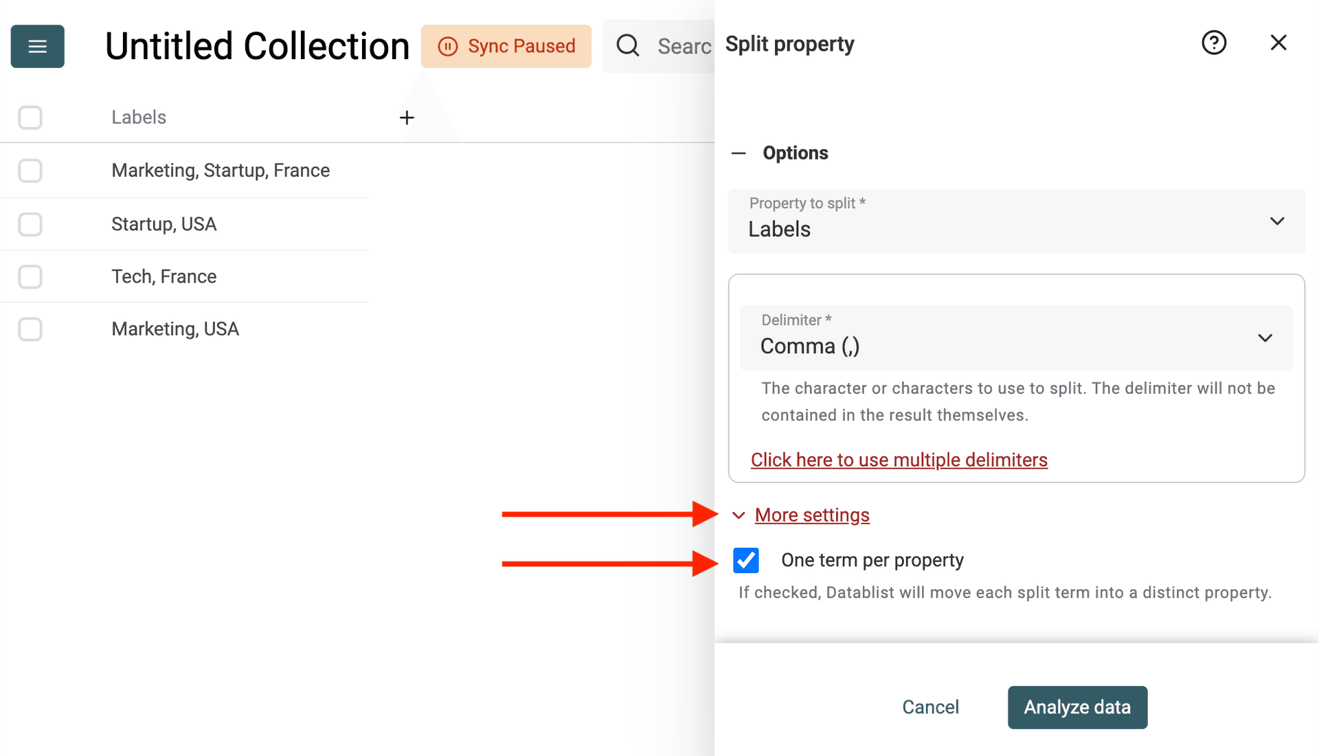 Check the "one term per property" option
