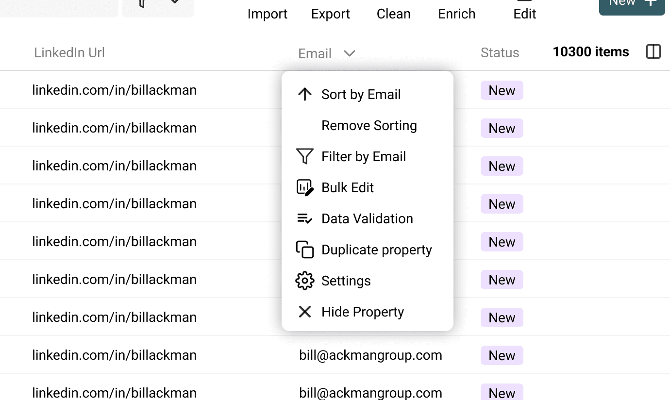 Column context menu