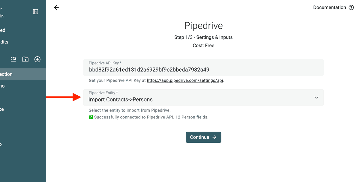 Select Pipedrive Object Type - Example showing Persons