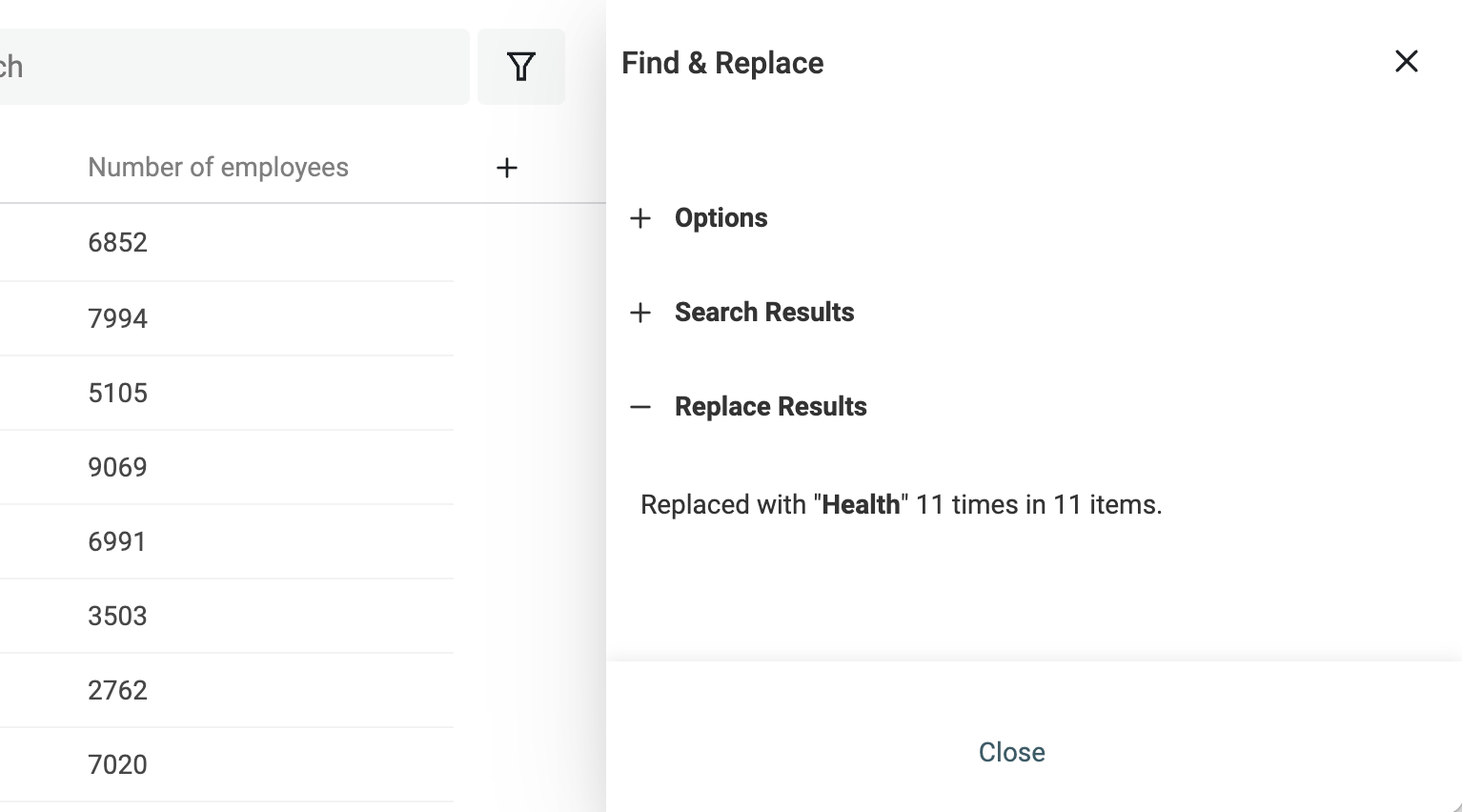 Find & Replace results