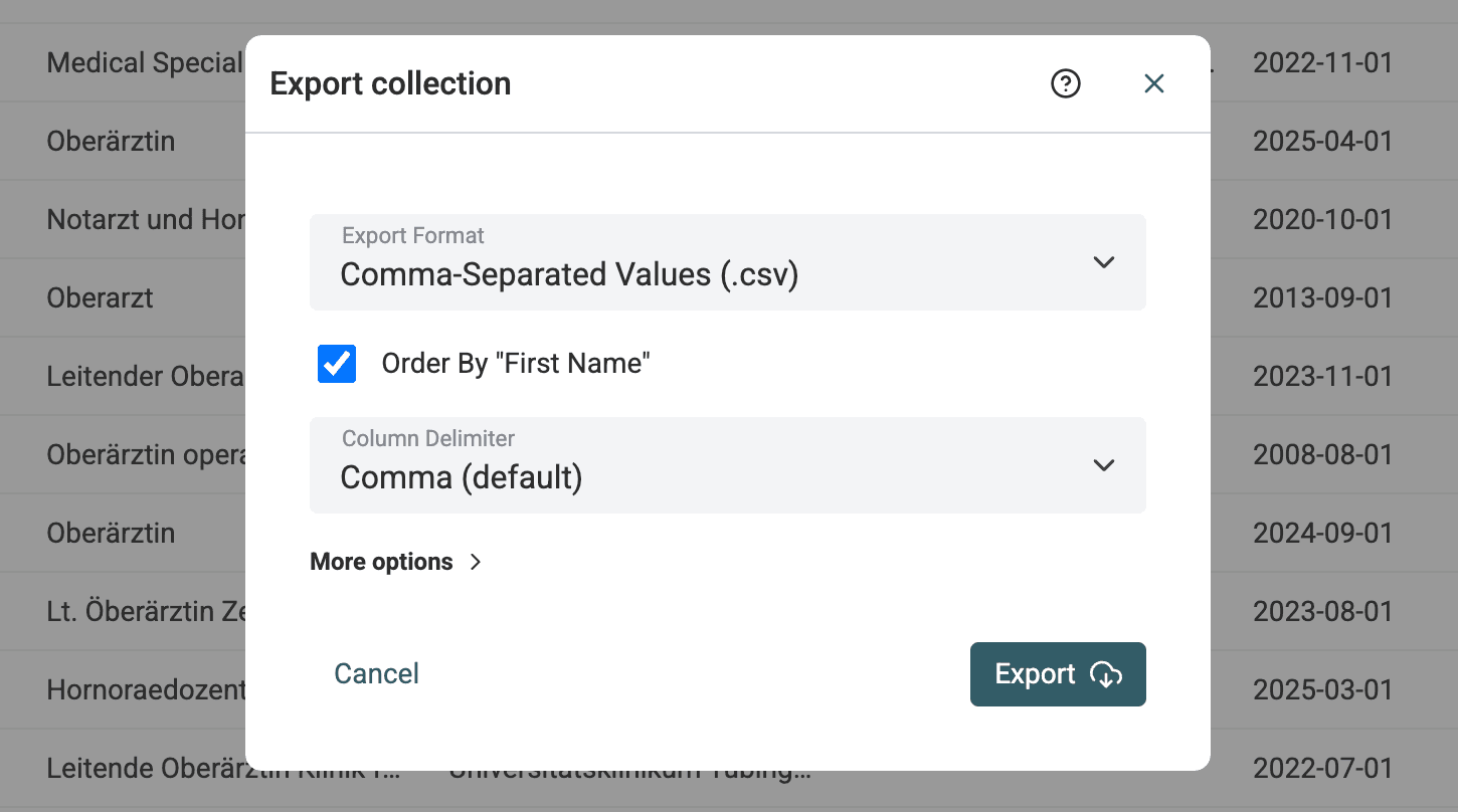 Export data in the current sort order
