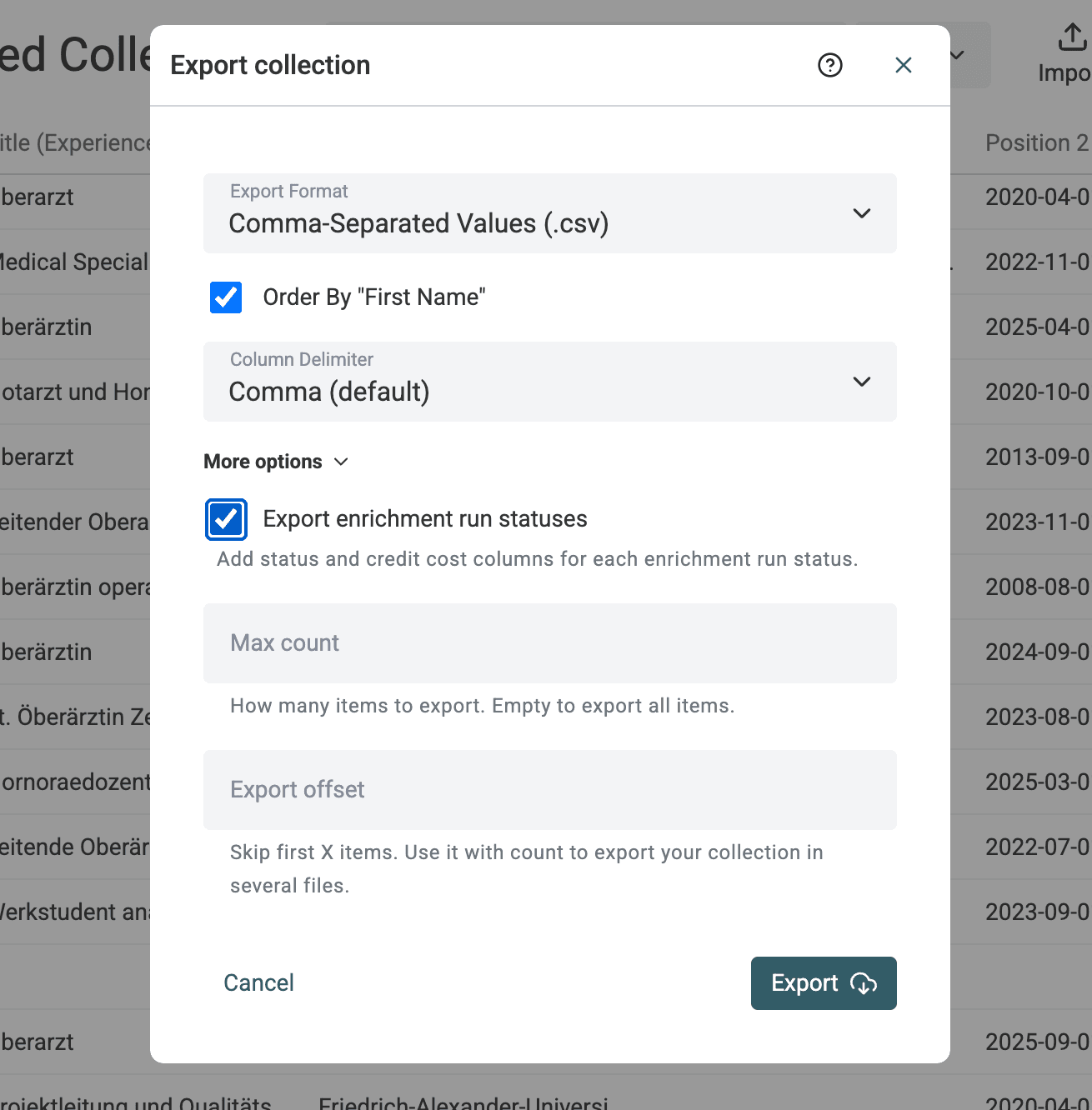 Export enrichment run statuses and credit costs