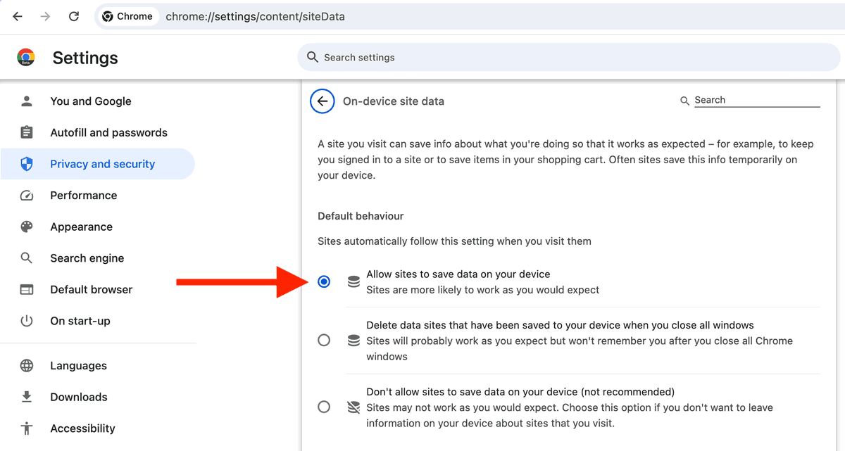 Default Site Data setting