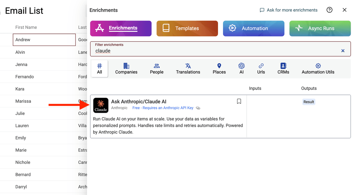 Select Ask Claude on the enrichment store