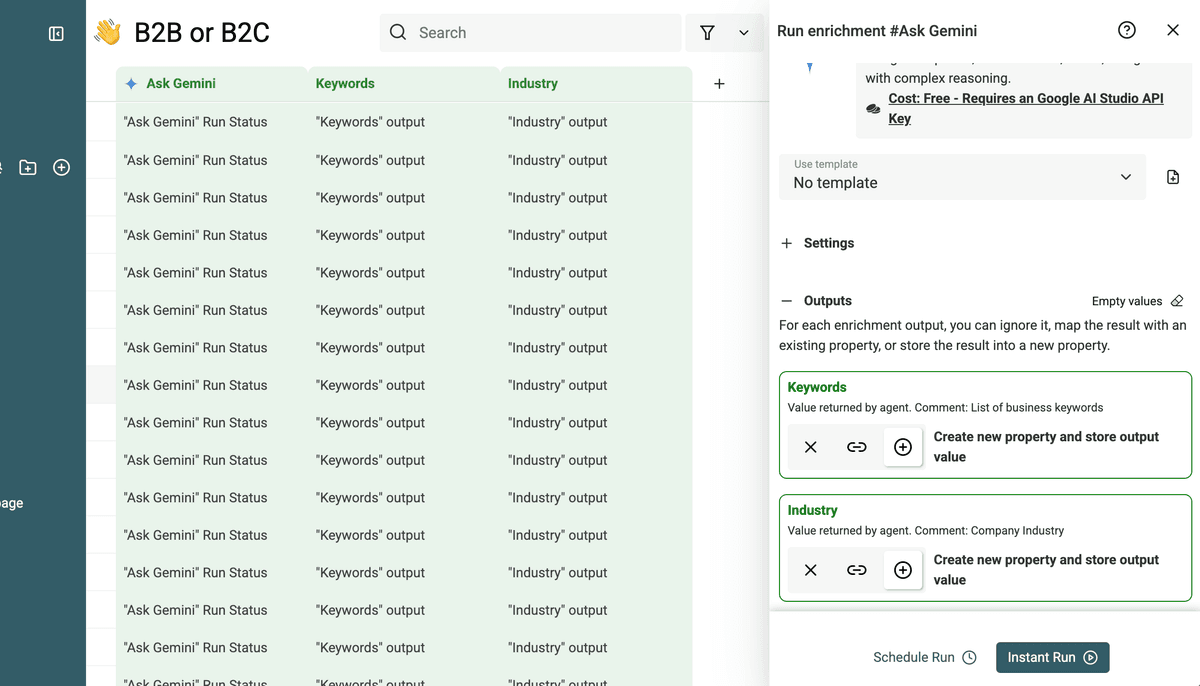 Configuring mapping for structured output fields to columns