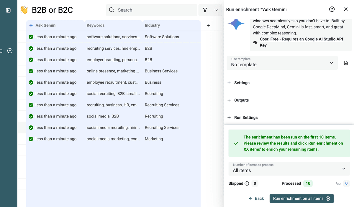 Previewing Gemini results on sample rows before running on all data