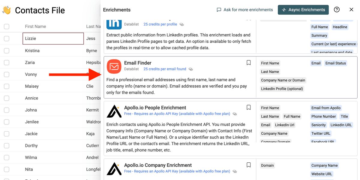 Waterfall Email Finder selected in the Datablist enrichment library
