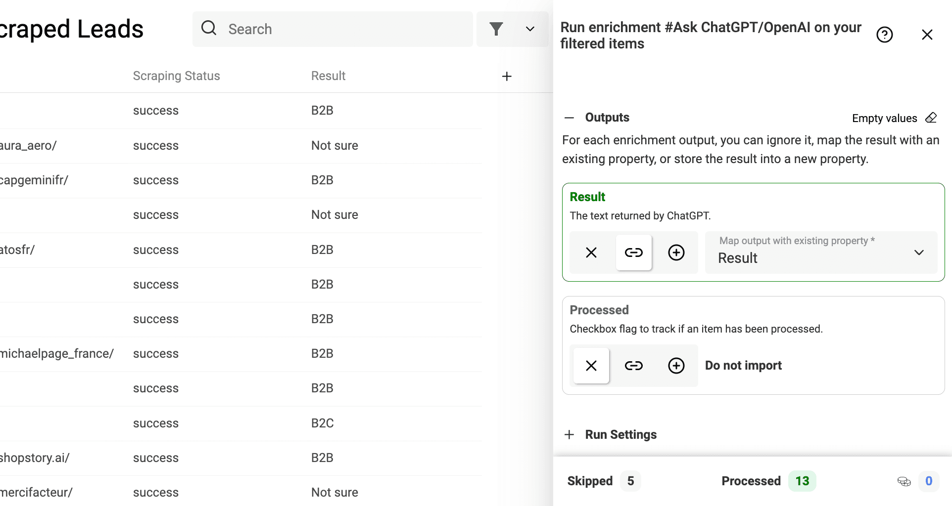 B2B/B2C classification results in Datablist