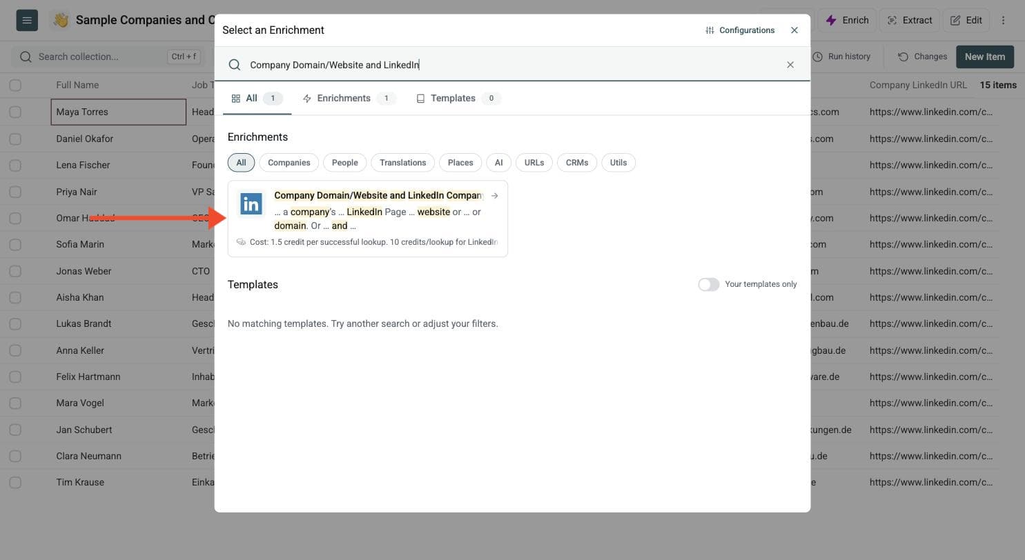 LinkedIn Company URL/Website Lookup - Navigate to the Enrichment