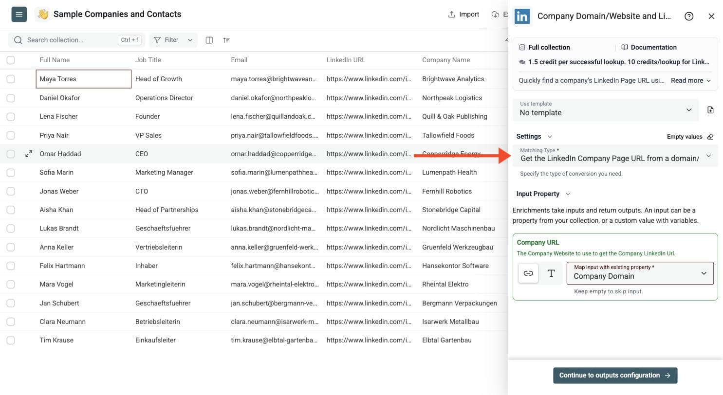 LinkedIn Company URL/Website Lookup - Set Up the Enrichment