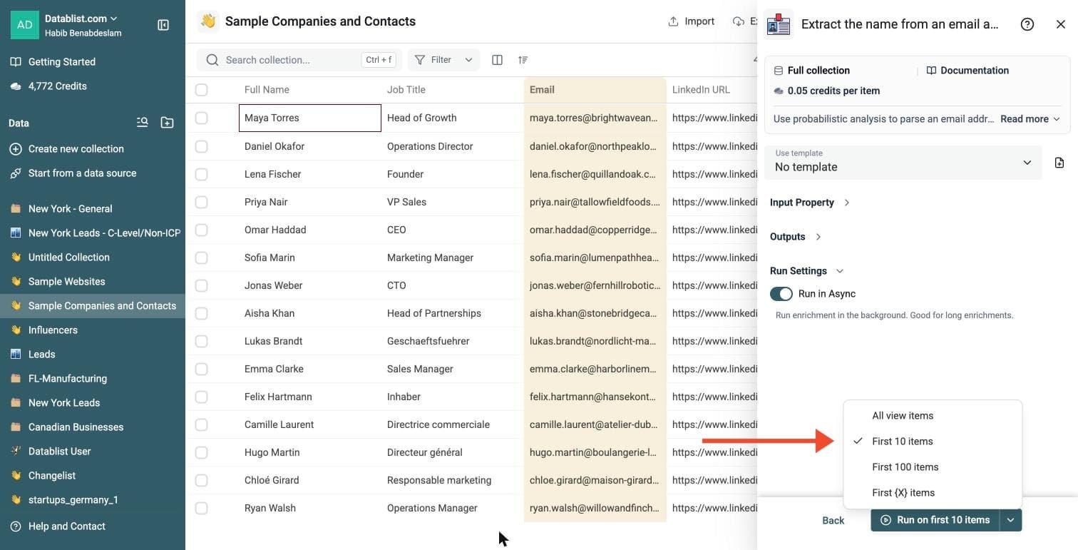 Extract Name from Email Address - Run Options