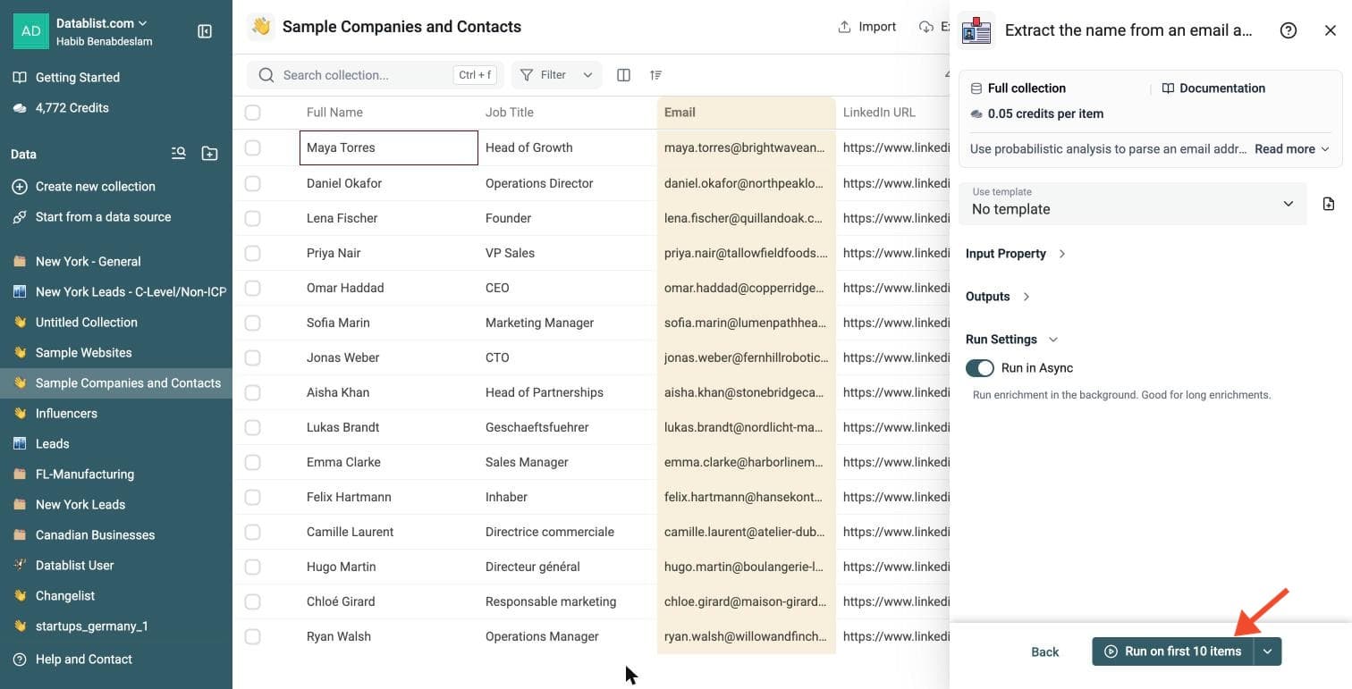 Extract Name from Email Address - Run the Enrichment