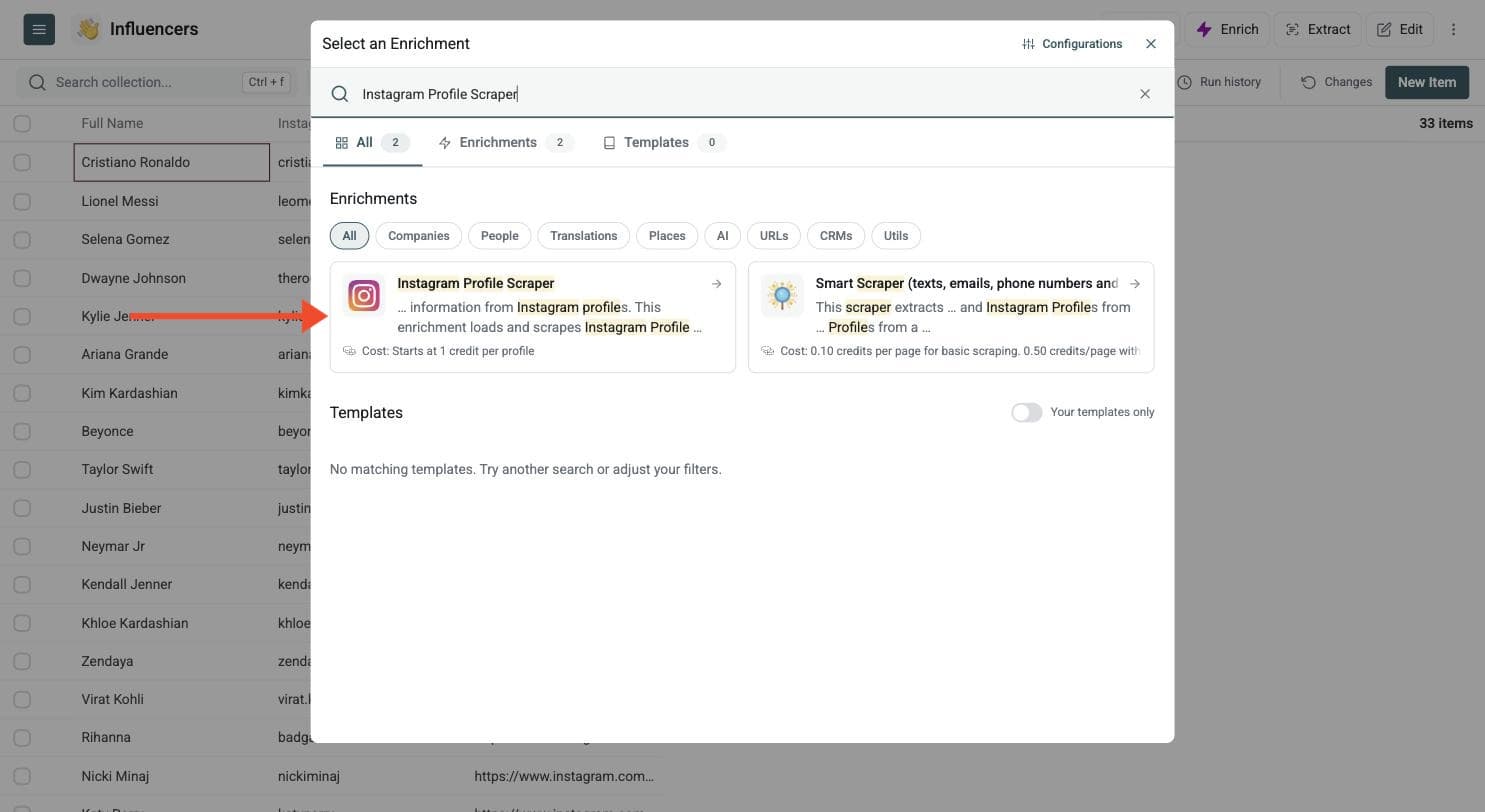 Instagram Profile Scraper - Navigate to the Enrichment
