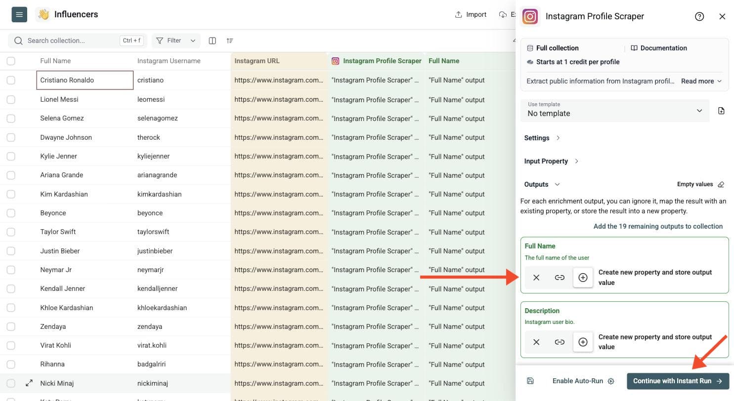 Instagram Profile Scraper - Select Output Columns