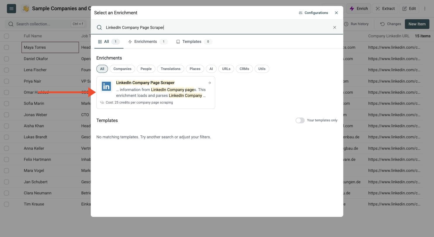 LinkedIn Company Page Scraper - Navigate to the Enrichment