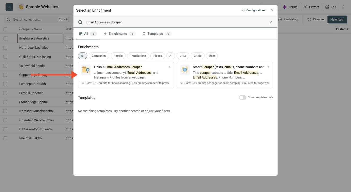 Links & Email Addresses Scraper - Navigate to the Enrichment