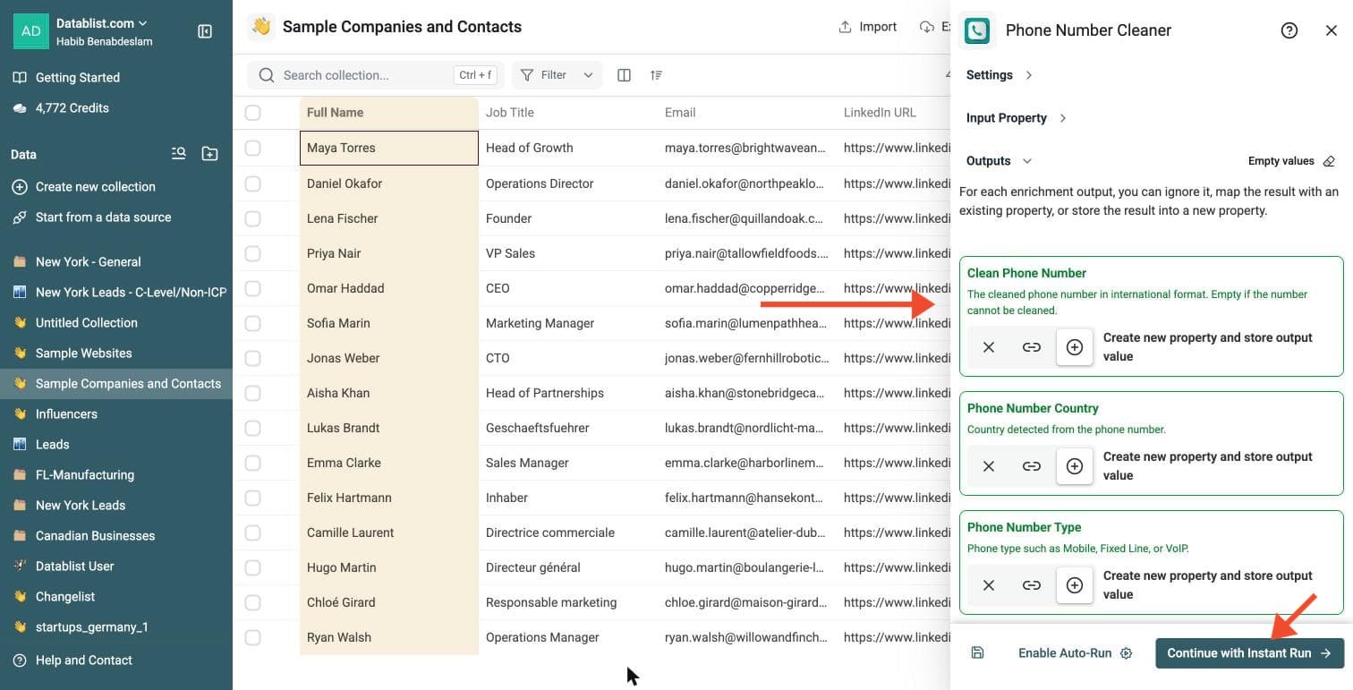 Phone Number Cleaner - Select Outputs