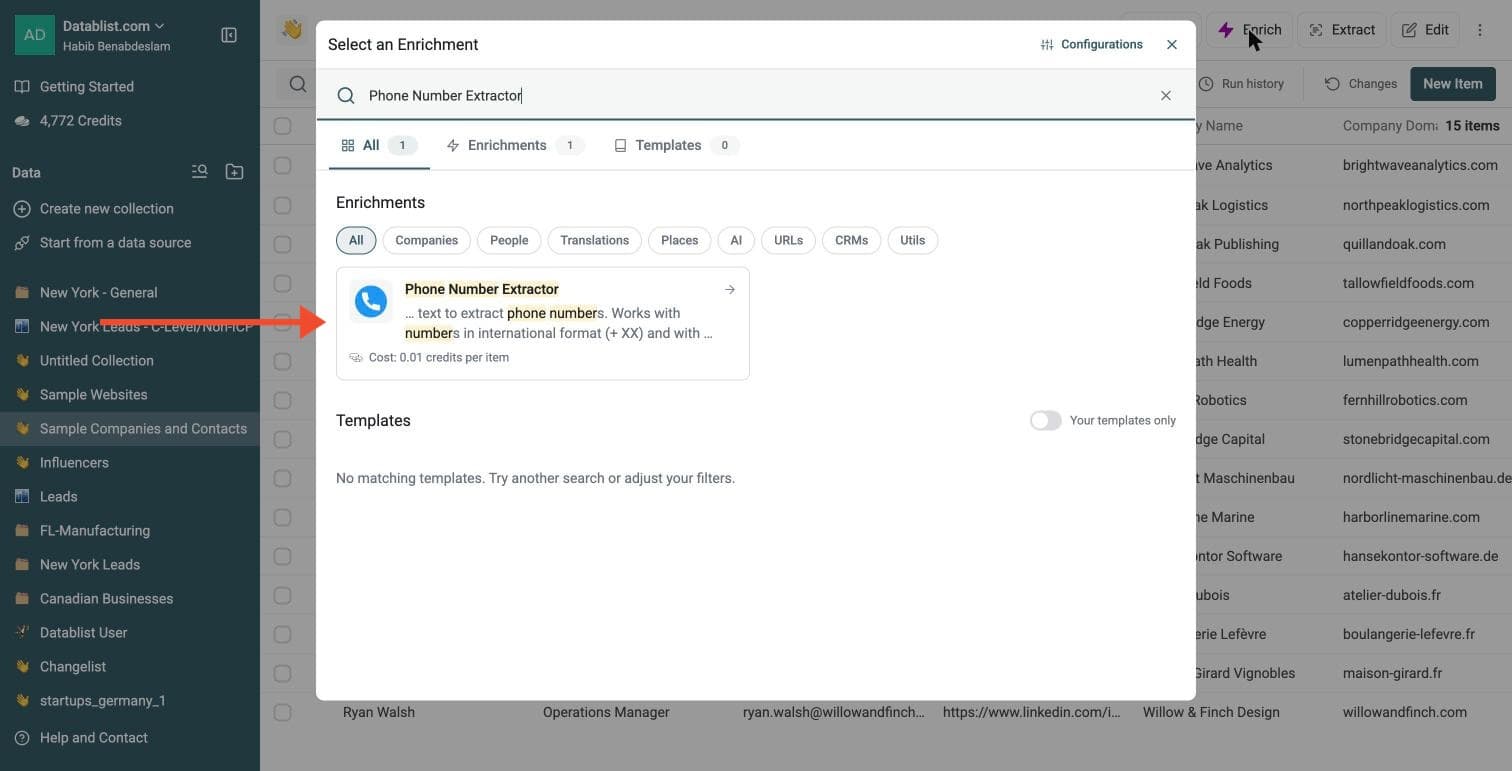 Phone Number Extractor - Navigate to the Enrichment