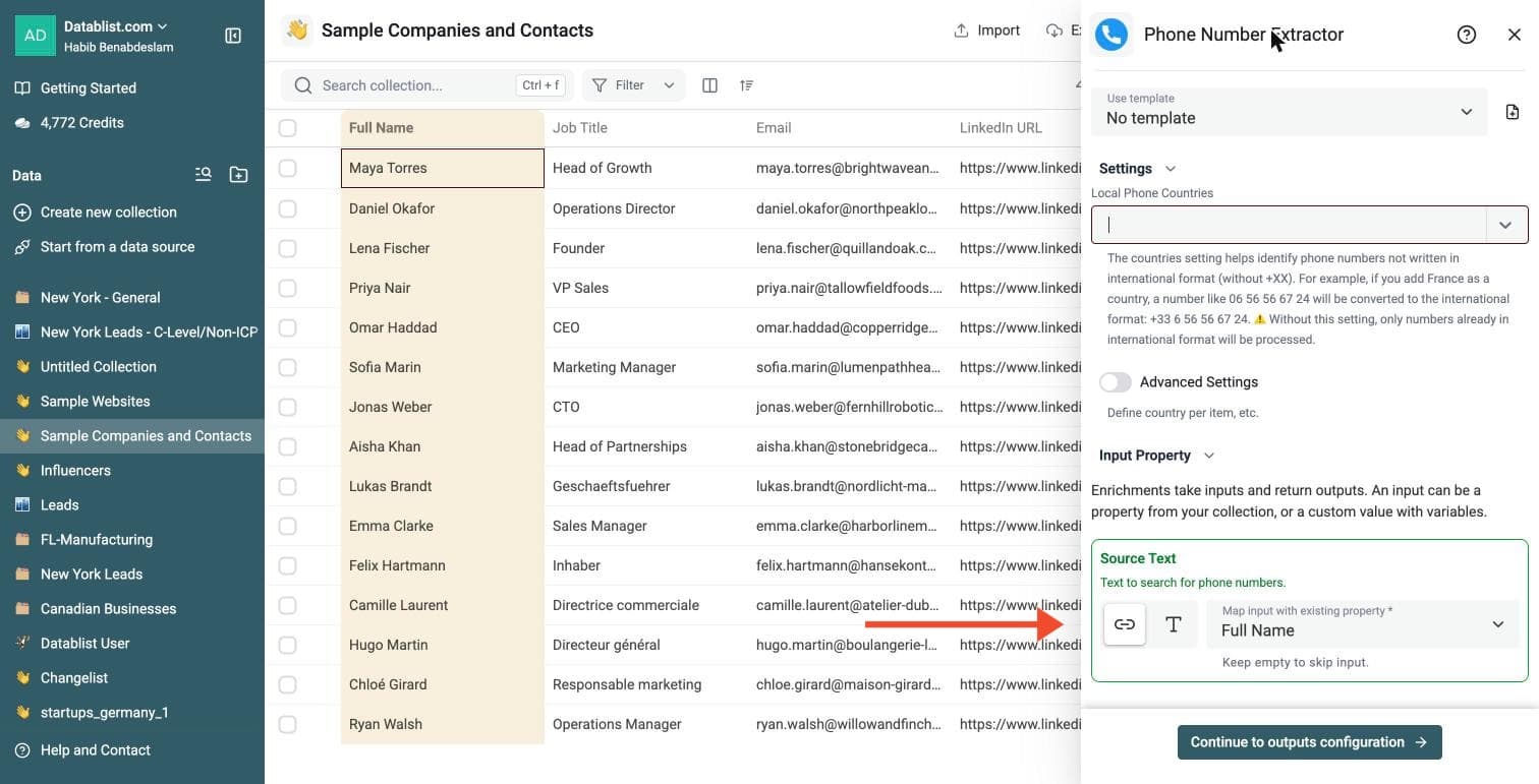 Phone Number Extractor - Configure Your Inputs