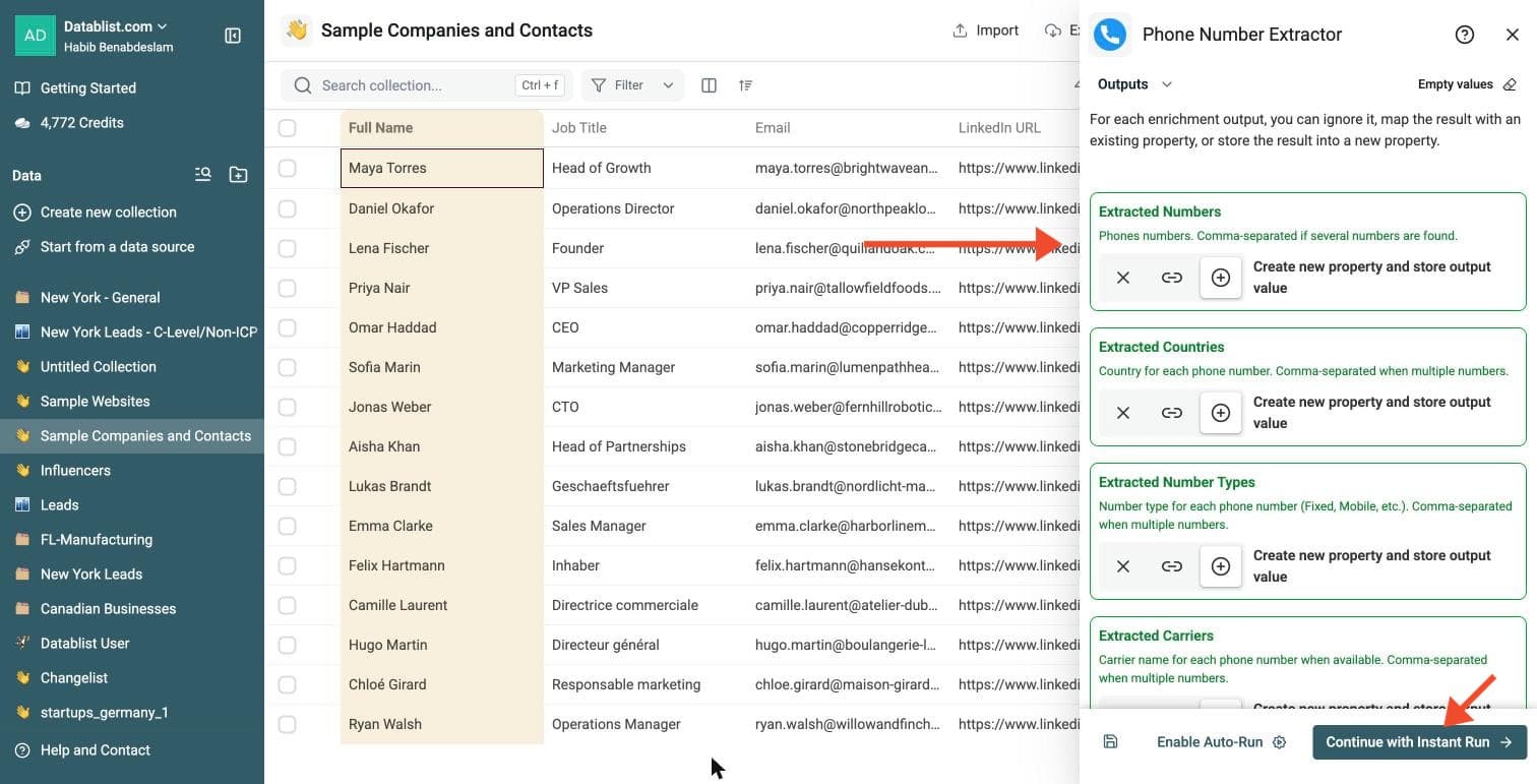 Phone Number Extractor - Select Outputs