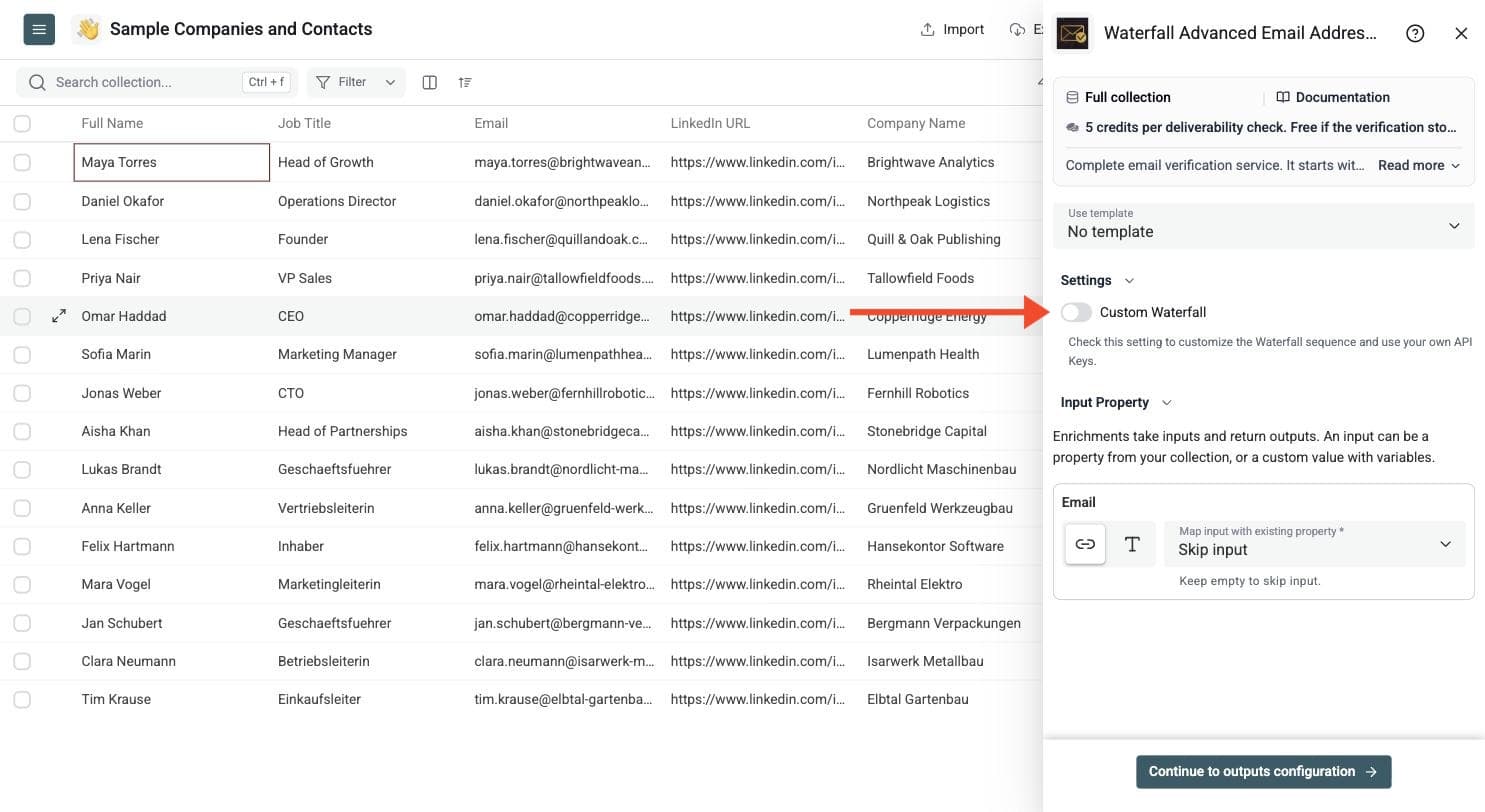 Waterfall Email Verifier - Set Up the Enrichment