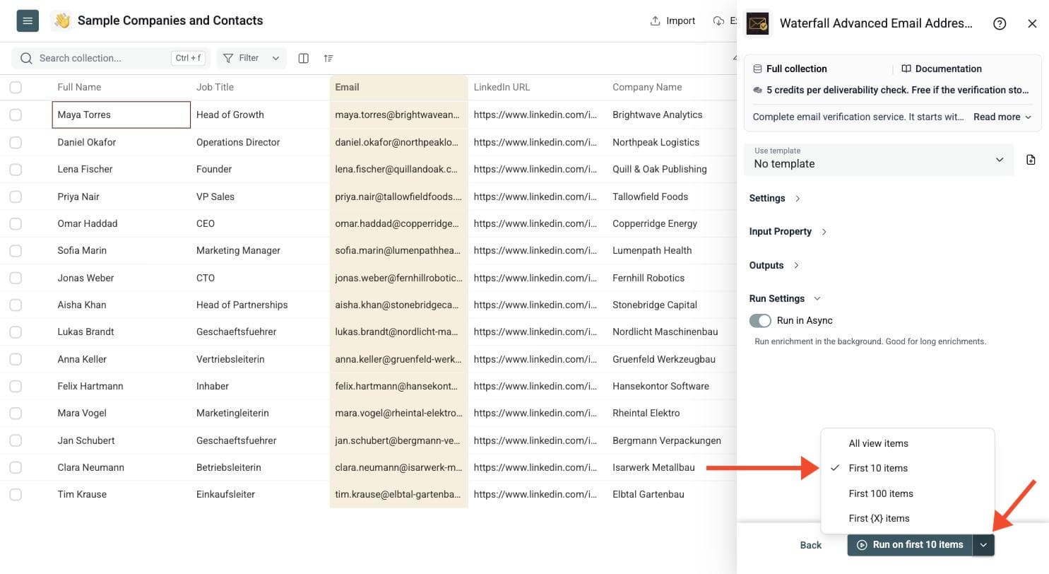 Waterfall Email Verifier - Run the Enrichment