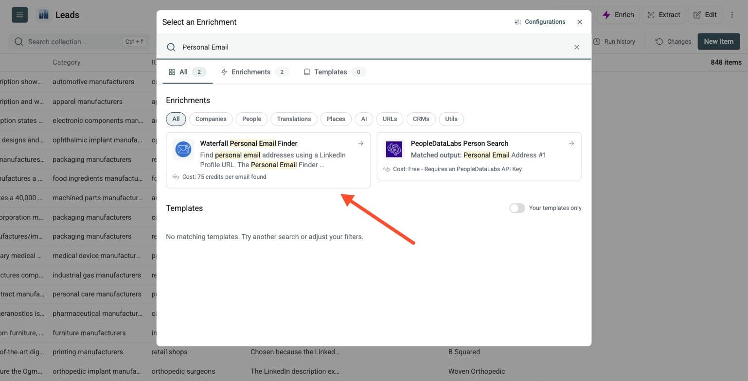 Waterfall Personal Email Finder - Select the Enrichment