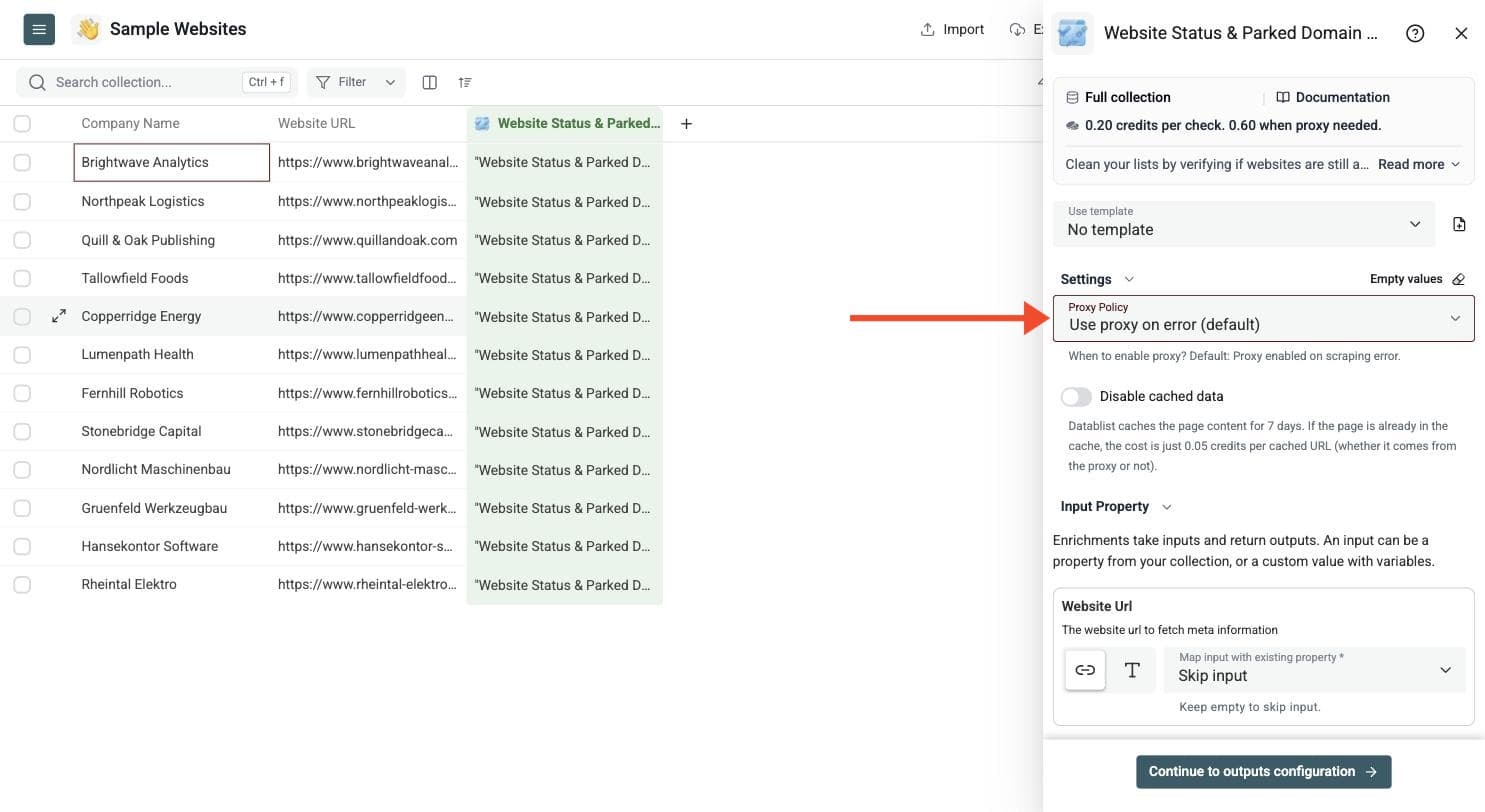 Website Status & Parked Domain Checker - Set Up the Enrichment