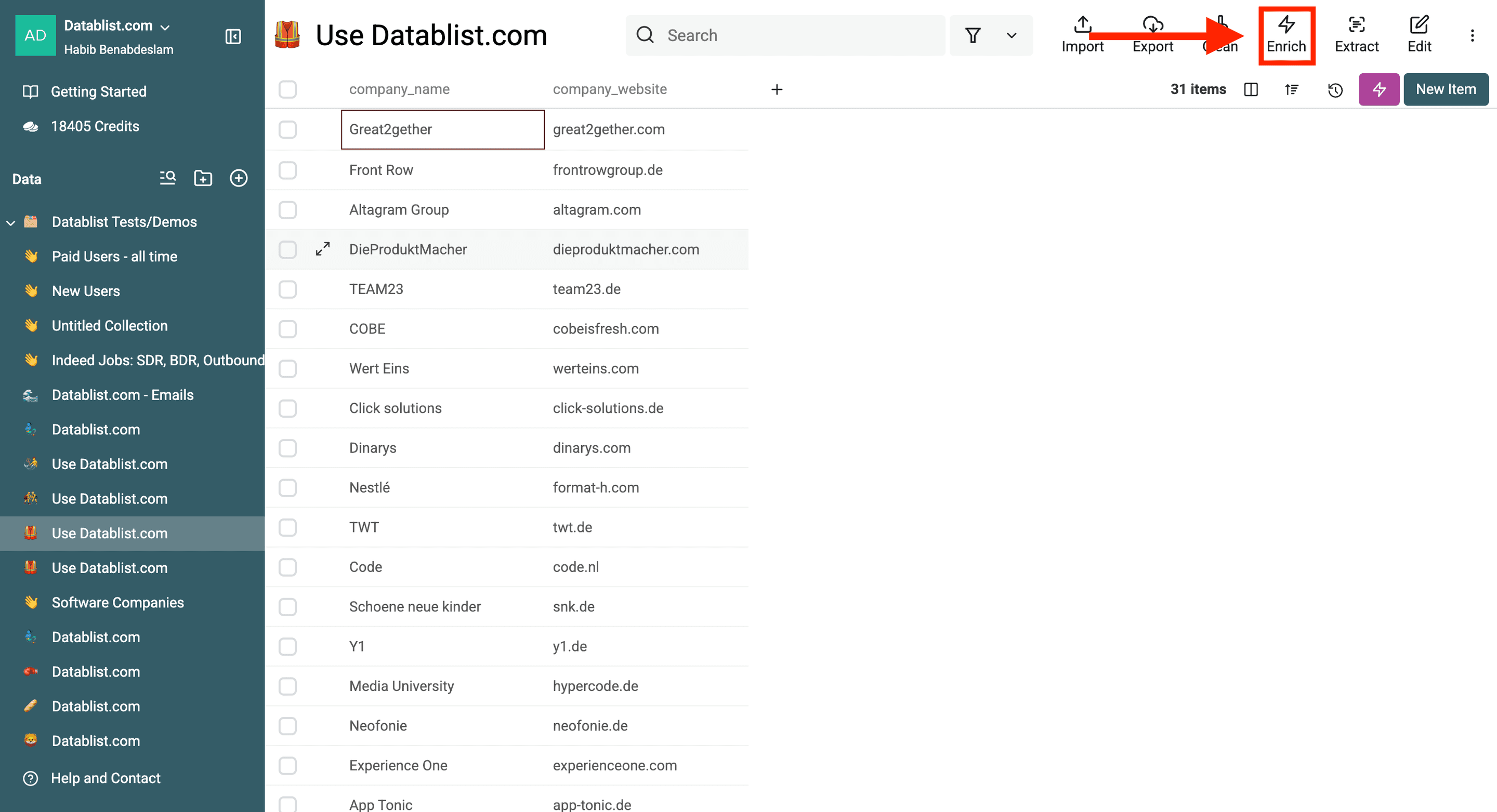Botão Enrich no Datablist