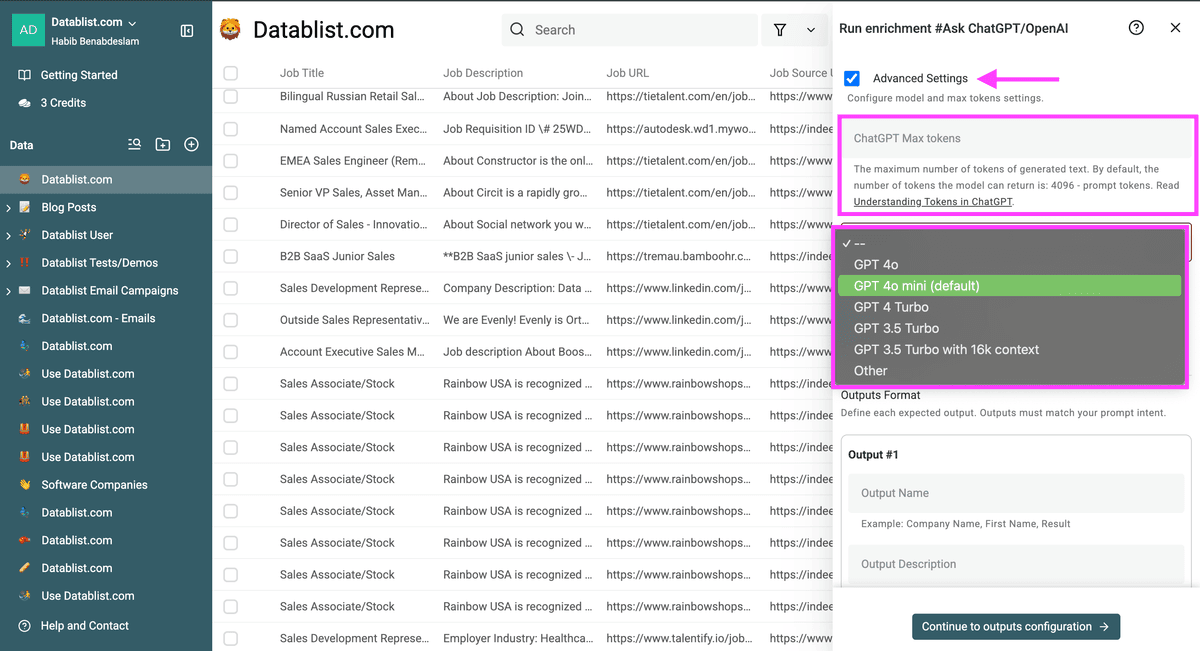 Configurazione token e selezione modello in Datablist
