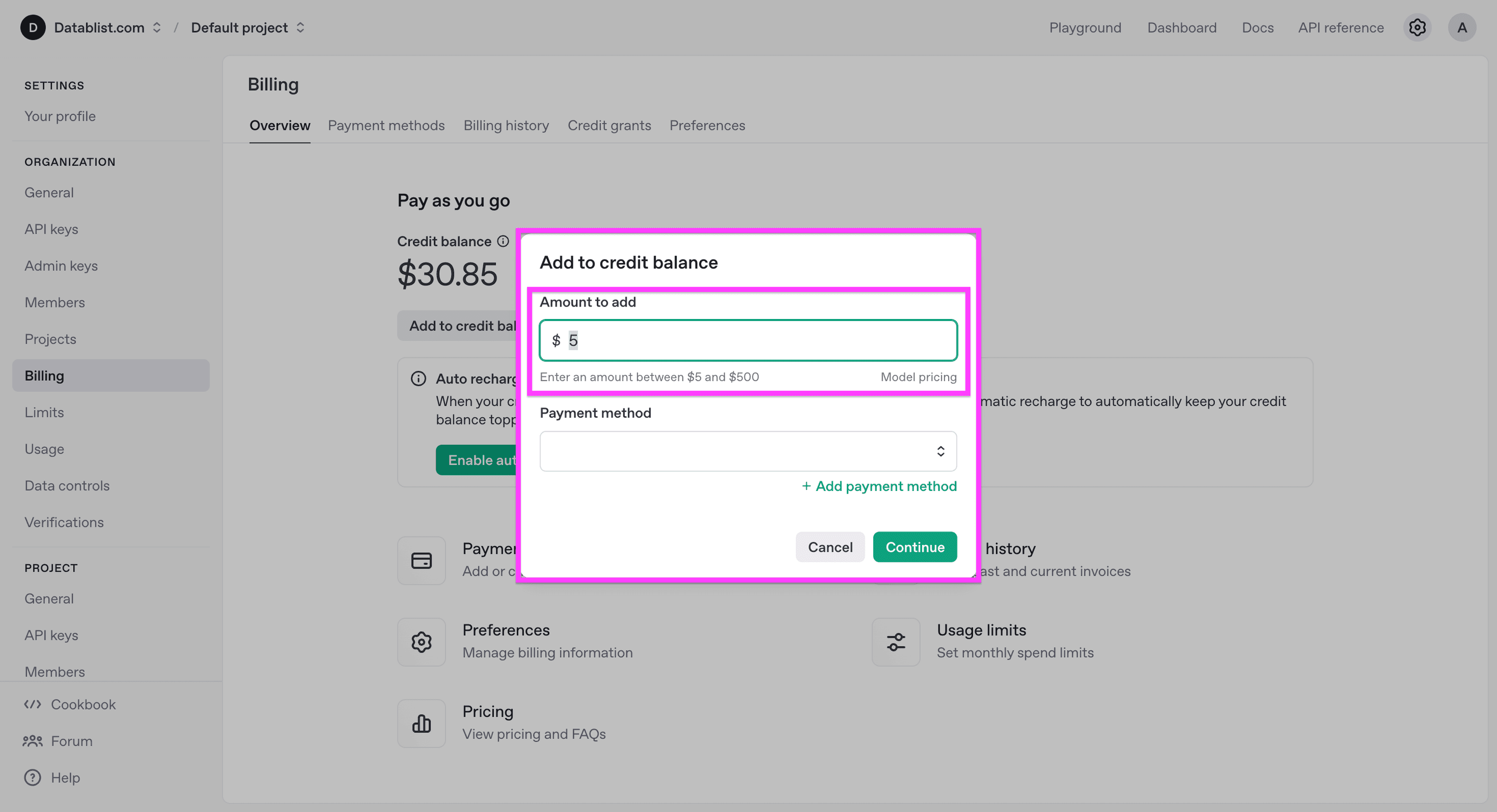OpenAIアカウントのクレジット残高に5ドルを追加