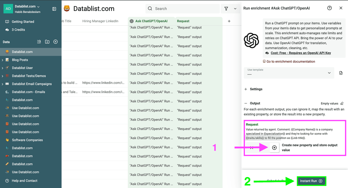 Configurazione output in Datablist
