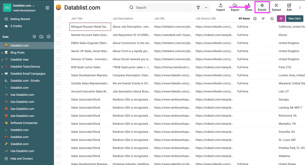 Il mio file con dati di recruiting estratti