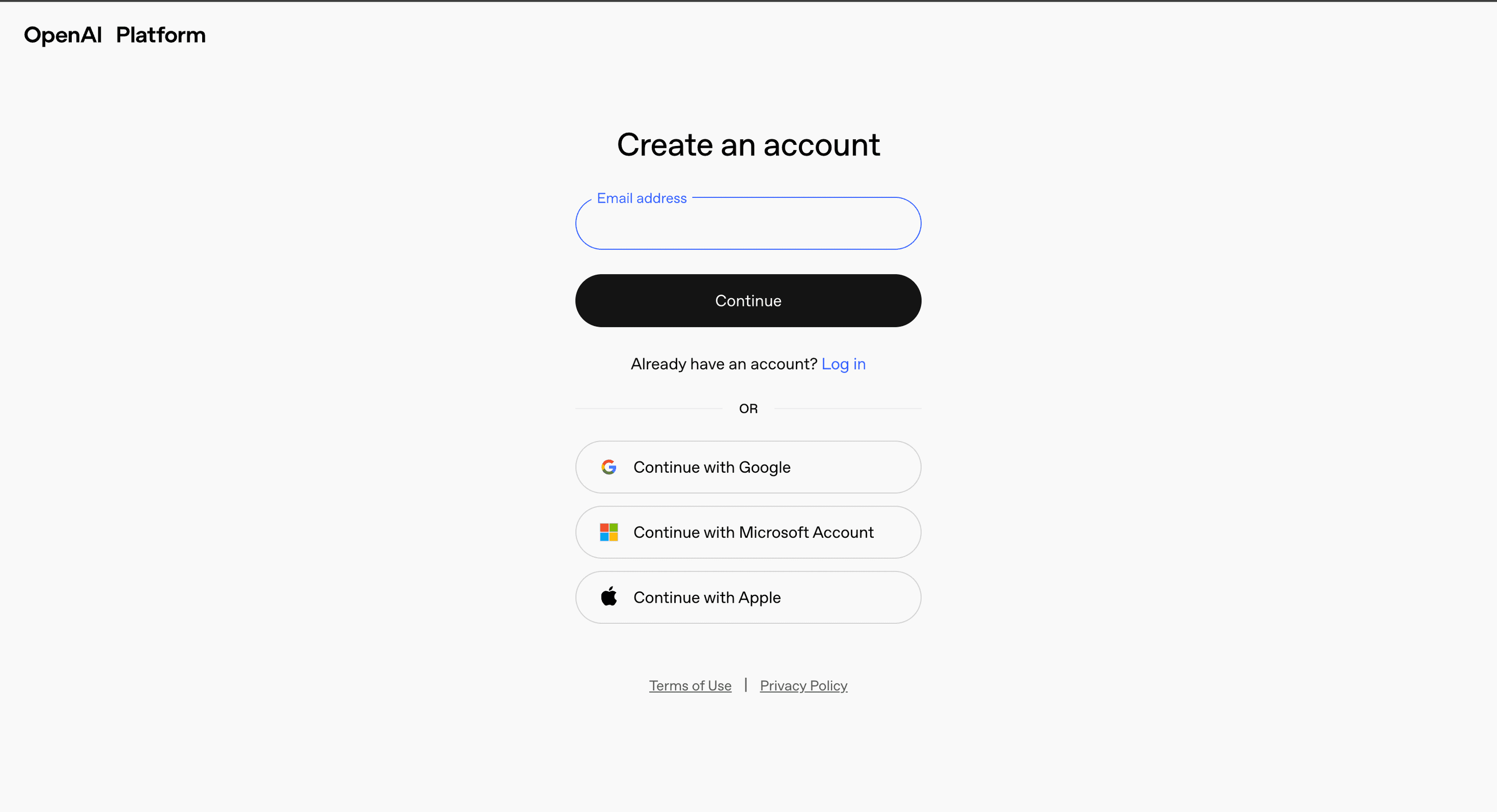 OpenAIのアカウント作成ページ