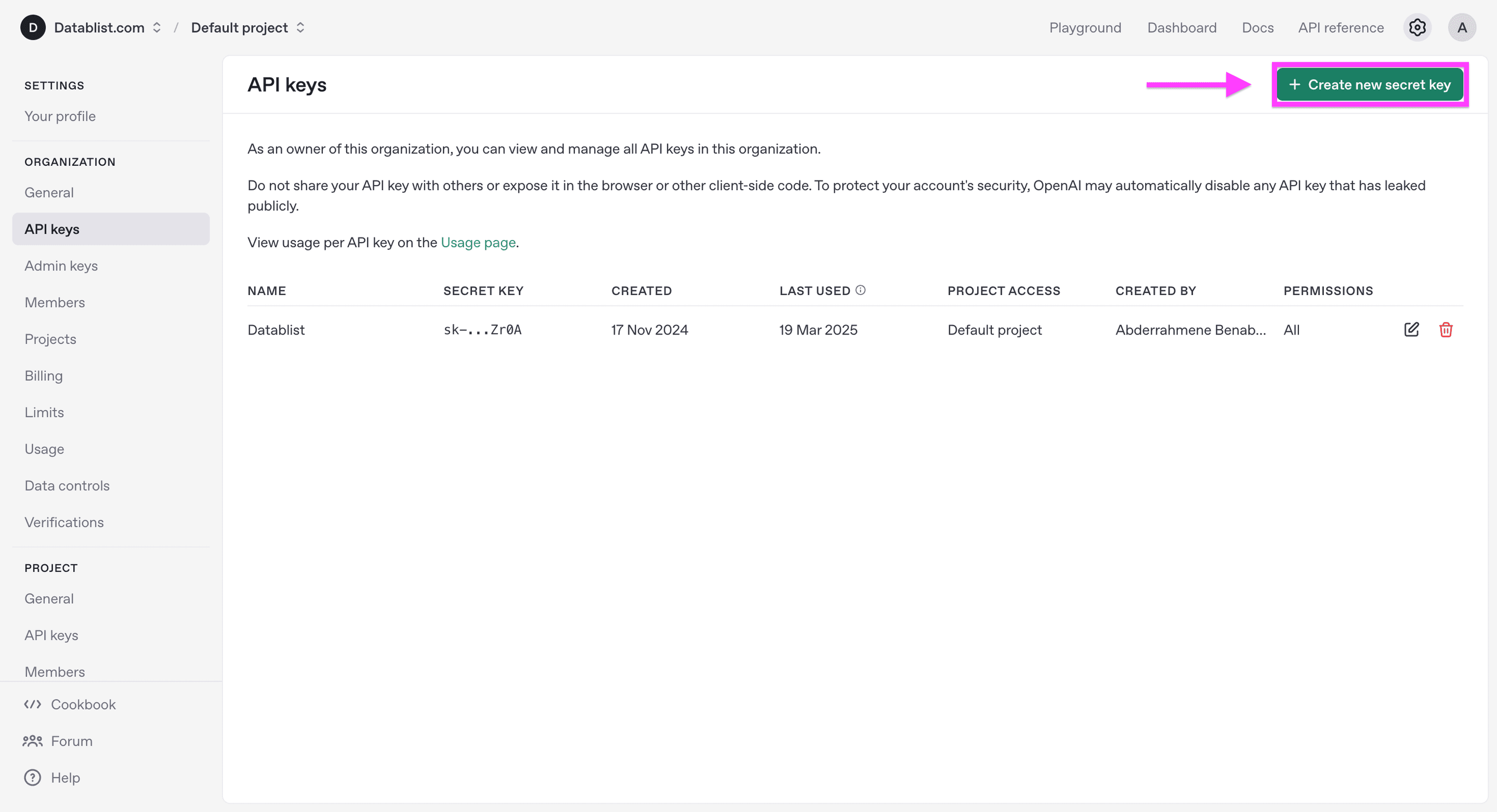 OpenAI APIキーの作成画面