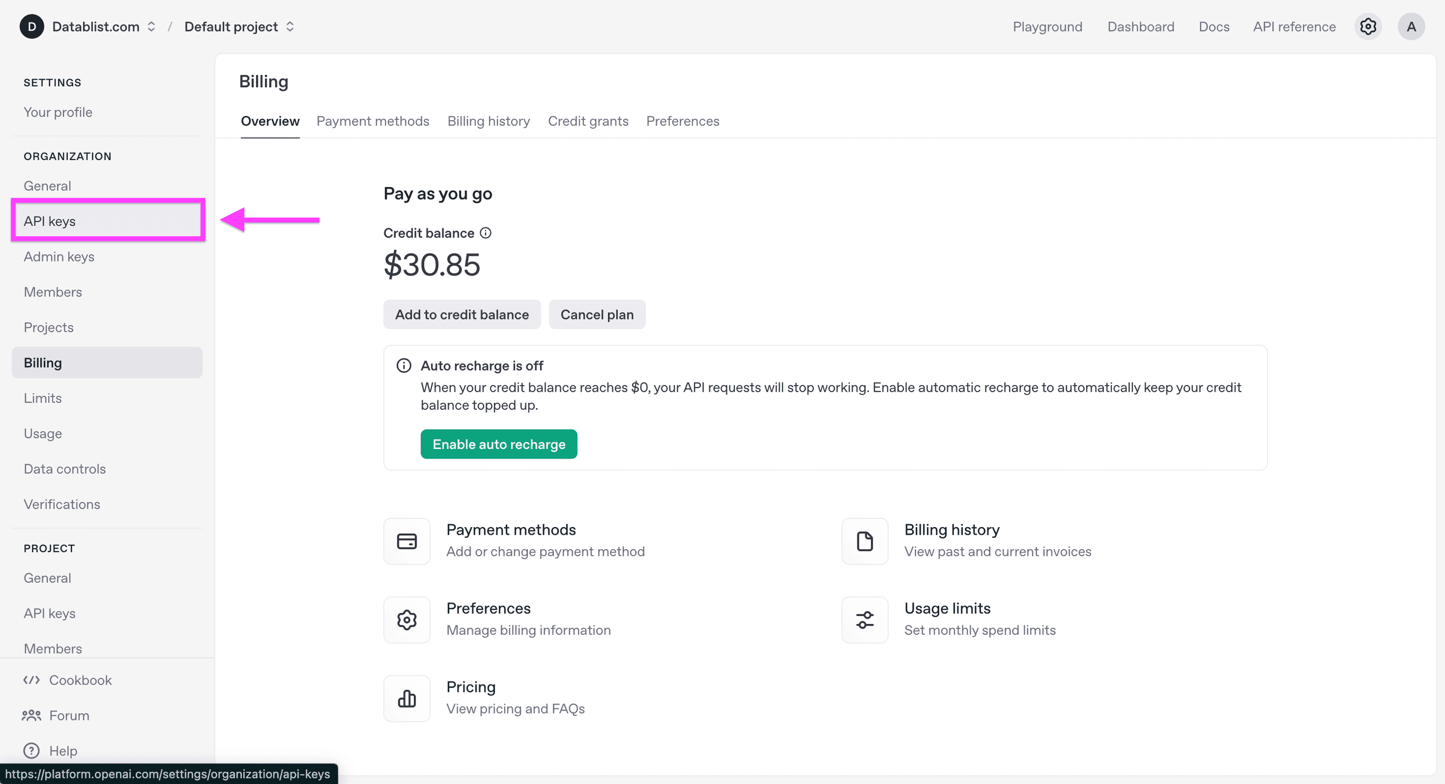 OpenAIアカウントに追加されたクレジット残高